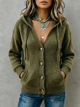 Olive Green Hooded Sweater Cardigan, Drawstring Hood Button Knit Jacket
