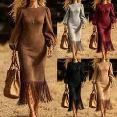 Fall Western Style Burgundy Faux Suede Dress Puff Sleeve Fringe Trim Side Slit Midi Dress for Women