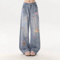 High Waist Star Patch Wide Leg Long Jeans
