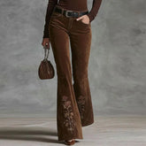 Retro High Waist Corduroy Flared Pants Floral Embroidery Western Cowgirl Bell Bottom Pants