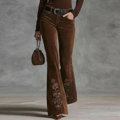 Retro High Waist Corduroy Flared Pants Floral Embroidery Western Cowgirl Bell Bottom Pants