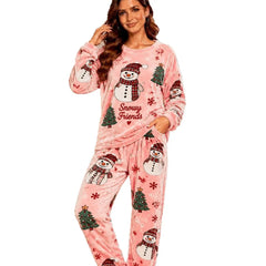 Cute Christmas Snowman Fleece Loungewear Set Round Neck Long Sleeve Top & Elastic Waist Full Length Pants