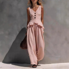 White Ruffled V-Neck Tank & Wide-Leg Pants Set