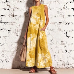 Blue Tie-Dye Sleeveless Loose Maxi Dress