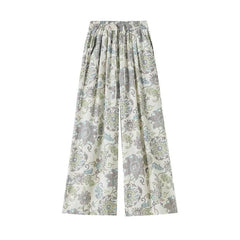 Vintage Floral Print Drawstring High Waist Micro Stretch Wide Leg Long Pants
