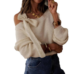 Elegant Cold Shoulder Bow Knit Top, Relaxed Fit Long Sleeve Cream Sweater