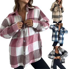 Grey Black Check Shacket, Loose Long Sleeve Plaid Shirt Jacket for Autumn