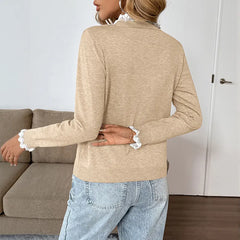 Feminine Lace Trim Knit Sweater, Button Placket Long Sleeve Soft Fall Basic Top