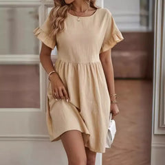Crew Neck Ruffle Short Sleeve Mid Waist Loose A-Line Cotton Linen Mini Dress