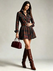 Long Sleeve Plaid Belted Pleated Mini Shirt Dress