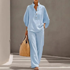 Solid Color Casual Two-Piece Shirt & Pants Set