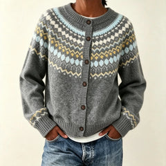 Vintage Fair Isle Knit Cardigan Round Neck Button Front Long Sleeve Sweater Jacket