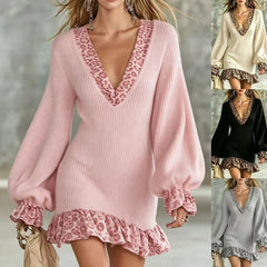 Deep V Lantern Sleeve Leopard Print Ruffle Knit Mini Dress