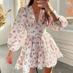 Sweet Floral V-Neck Bubble Sleeve A-Line Mini Dress Loose Waist Lightweight Campus Daily Dress