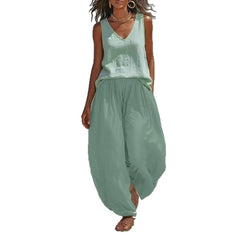 V Neck Sleeveless Vest & Elastic Waist Wide Leg Long Pants
