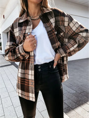Fall Outfit Brown Check Shacket, Loose Fit Flannel Plaid Shirt Coat