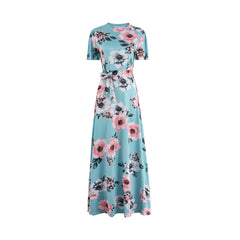 Satin Floral Print High Neck Short Sleeve Maxi Dress