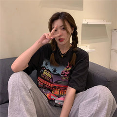 Oversized Crew Neck Retro Car Diner Graphic Loose Short Sleeve T-Shirt
