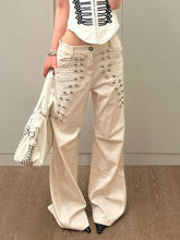 Y2K High Waist Cream Wide Leg Jeans, Metal Stud Decor Flare Denim Trousers