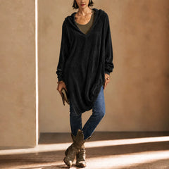 Loose Fit Corduroy V-Neck Hooded Long Sleeve Tunic Top