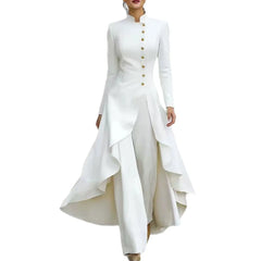 White Stand Collar Long Sleeve Gold Button Skirted Pant Suit