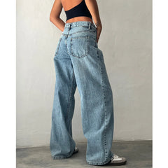 High Waist Stone Washed Retro Blue High Stretch Wide Leg Long Denim Jeans