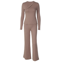 2 Piece Outfit Set Asymmetrical Wrap Long Sleeve Top & Split Flare Pants