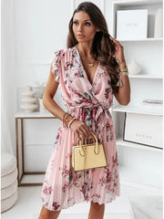 V-Neck Sleeveless Tie Waist Pleated Midi Dress