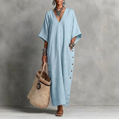 Apricot Cotton Linen V-Neck Button Detail Maxi Dress