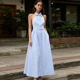 Sleeveless Striped Shirt Midi Dress, Lapel Belted A-Line Commuter Dress
