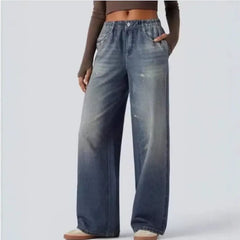 High Waist Faux Denim Wide Leg Trousers, Stretchy Elastic Waist Casual Pants