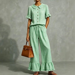 Gingham Peter Pan Collar Ruffle Short Sleeve Top & Flared Pants Two Piece Set