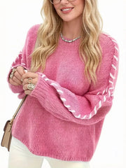 Fuzzy Pink Oversized Knit Pullover, White Whipstitch Lantern Sleeve Crew Neck Sweater
