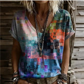 3D Color Block Print V Neck Rolled Short Sleeve Casual Tee