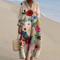 V‑Neck Floral Bird Print Mori Style Long Dress