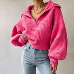 Trendy Wide Collar V Neck Cropped Chunky Knit Pullover Balloon Sleeve Sweater