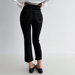 Mid Waist Slim Stretch Retro Split Hem Straight Nine-Point Jeans
