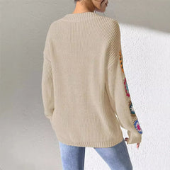 V‑Neck Loose Pullover Sweater With Crochet Floral Sleeve