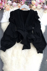 Lace Long Sleeve V-Neck Strappy Bow Ruffle Tops
