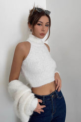 Rib-knit Shawl Jacet & Mock Neck Vest Two Piece Set