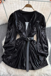 V-Neck Long Sleeve Ruffle Mini Dress