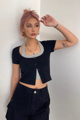 Contrast Buttoned Front Fake Two Tops Shirt