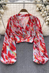 Tie Dye V-Neck Long Sleeve Crop Top