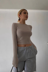 Crew Neck Ribbed Tops Fitted Basic Shirt