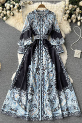 Retro Print Long Sleeve Buttons Maxi Dress