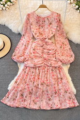 Floral Long Sleeve Zip Ruffle Maxi Dress