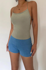 Spaghetti Straps Ribbed Tank Tops Backless Cami Tee