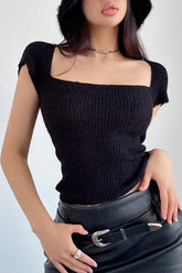 Knit Short Sleeve Square Neck Crop Tops
