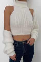 Rib-knit Shawl Jacet & Mock Neck Vest Two Piece Set