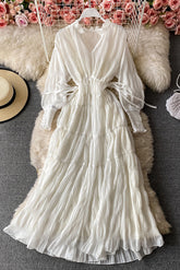 Retro Boho Chiffon V-Neck Long Sleeve Maxi Dress